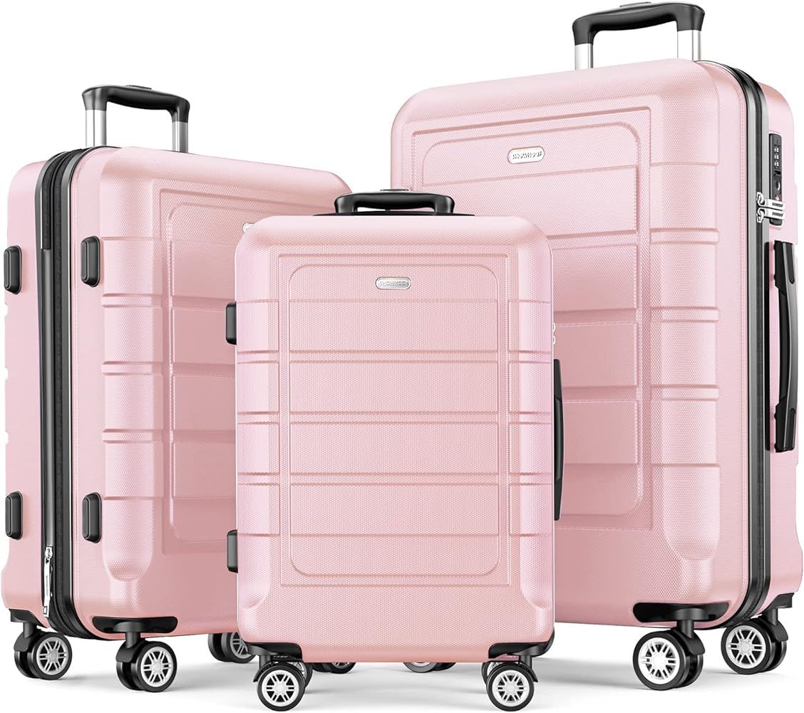 SHOWKOO Luggage Sets Expandable PC+ABS Durable Suitcase Sets Double Wheels TSA Lock Pink 3pcs | Amazon (US)