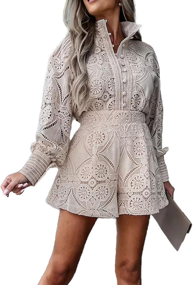utcoco Womens 2025 Summer Eyelet Lace Two Piece Patterned Long Sleeve Tops Shorts Set | Amazon (US)