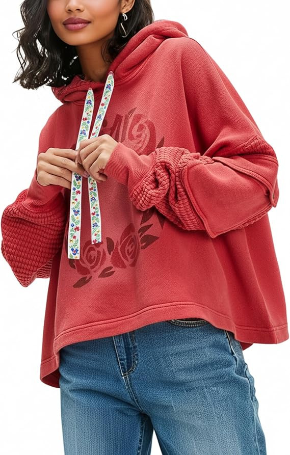 Womens Hoodies Oversized Floral Patchwork Sweatshirt Waffle Drop Shoulder Casual Drawstring Long ... | Amazon (US)