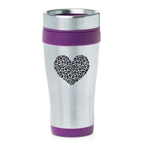 16oz Insulated Stainless Steel Travel Mug Leopard Print Love Heart (Purple),MIP | Walmart (US)