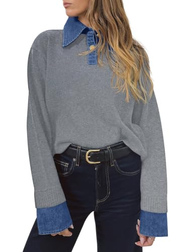 Saodimallsu Womens Denim Patchwork Sweaters V Neck Polo Pullover Tops | Amazon (US)