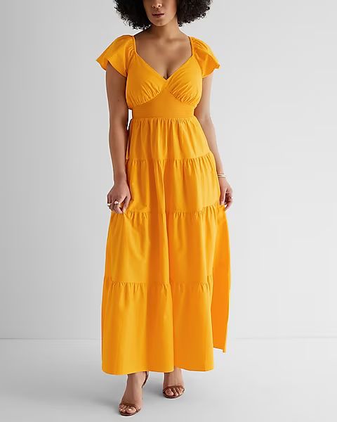 V-Neck Flutter Sleeve Tiered Poplin Maxi Dress | Express