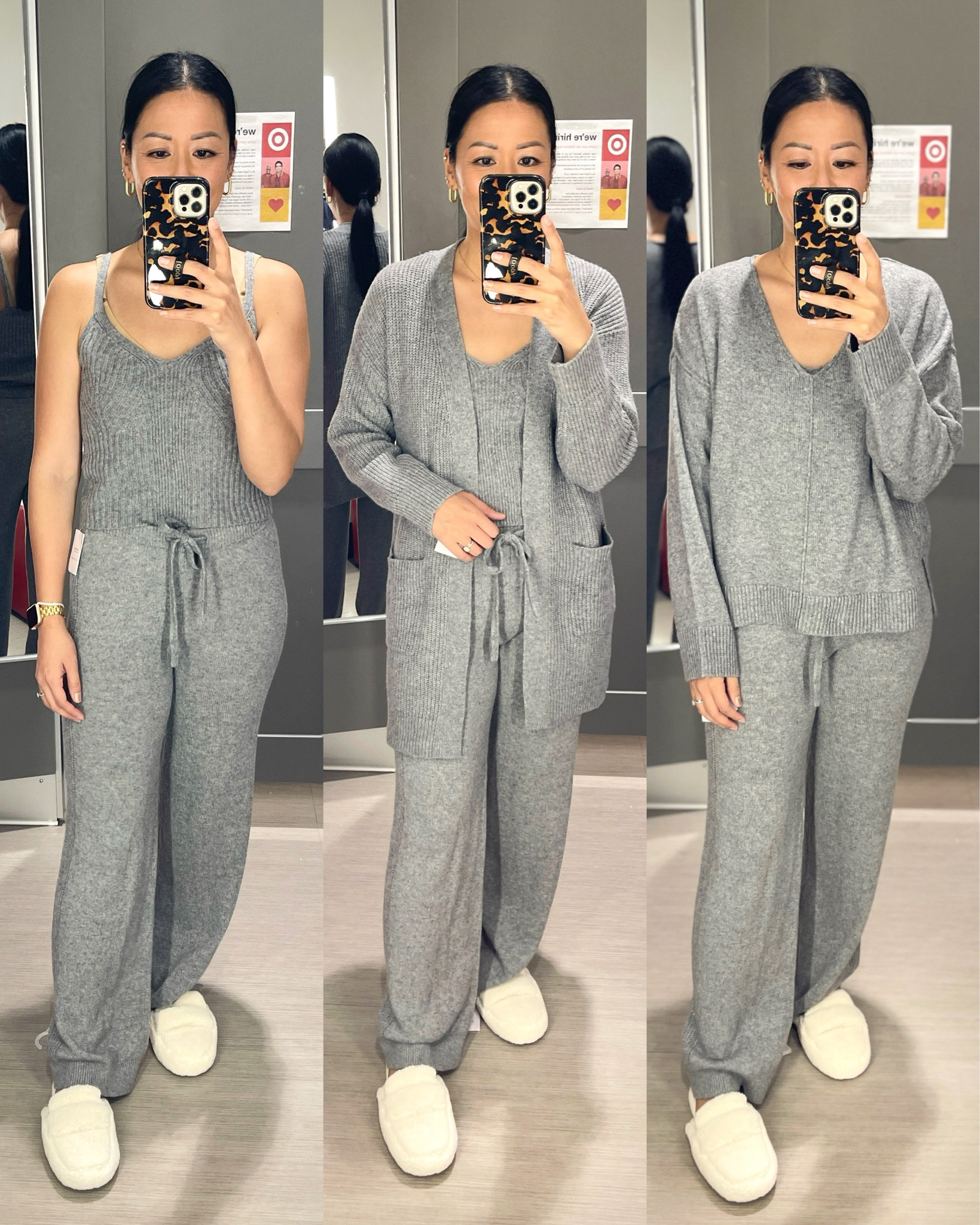 Size small tank
Size XS/Small cardigan
Size medium sweater
Size XS pants
Slippers are true to size 

Target style
Target pajamas 