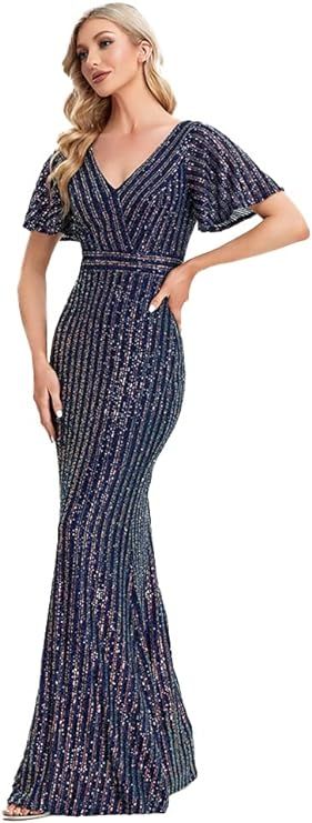 Women's Shinny Sequin Mermaid Evening Dress Sleeve Prom Gown | Amazon (US)