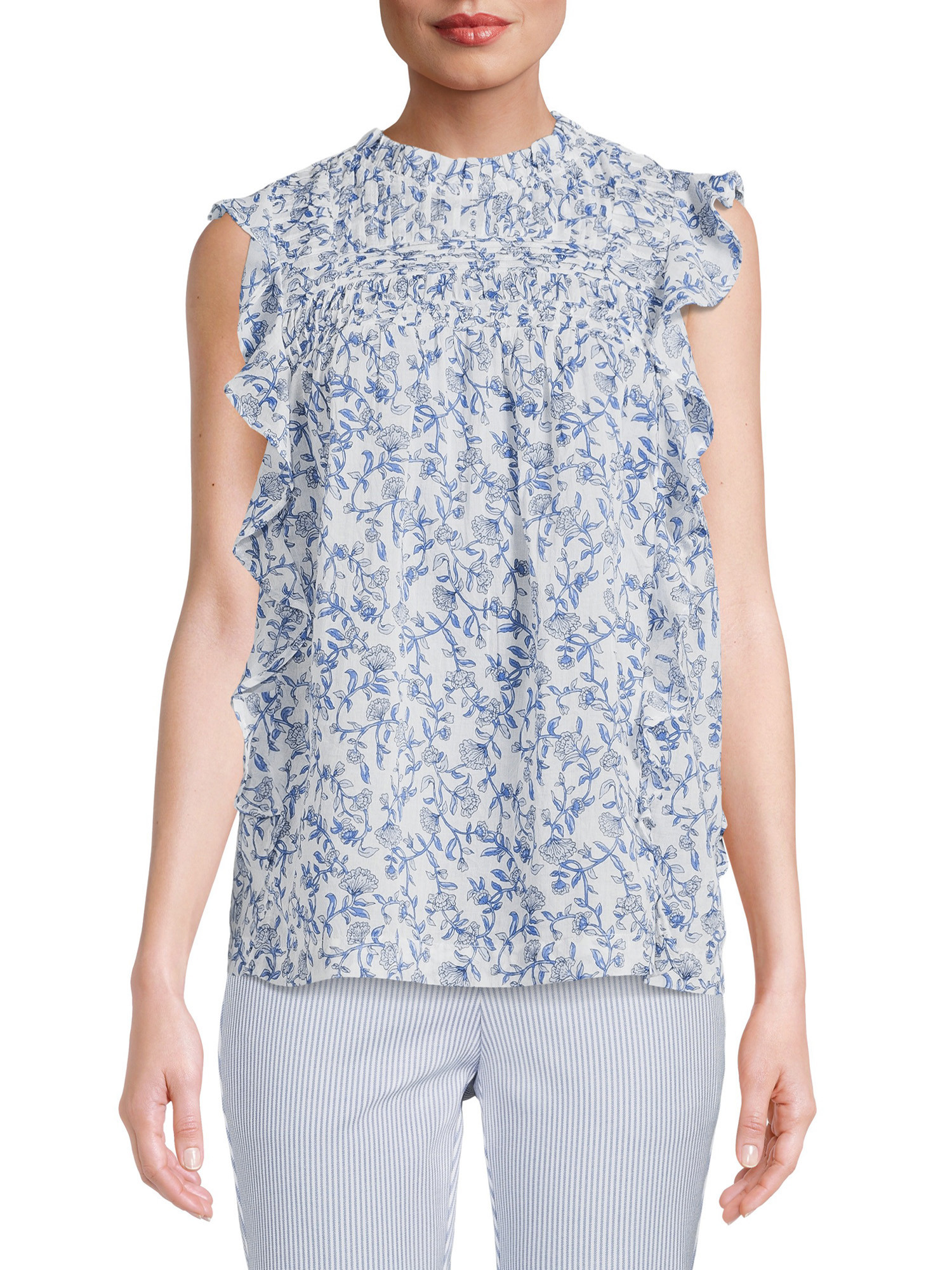 BeachLunchLounge Women's Pleated Yoke Top with Ruffle Inset | Walmart (US)