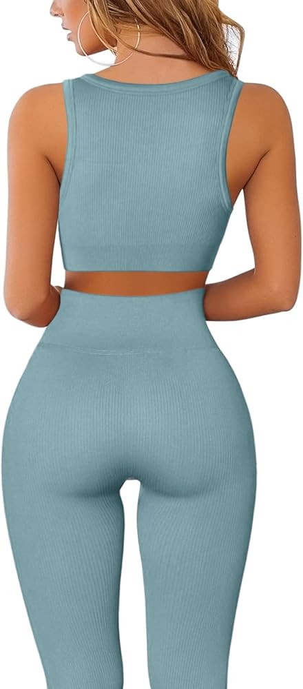 FAFOFA Workout Outfits for Women 2 Piece Ribbed Seamless Crop Tank High Waist Yoga Leggings Sets | Amazon (US)