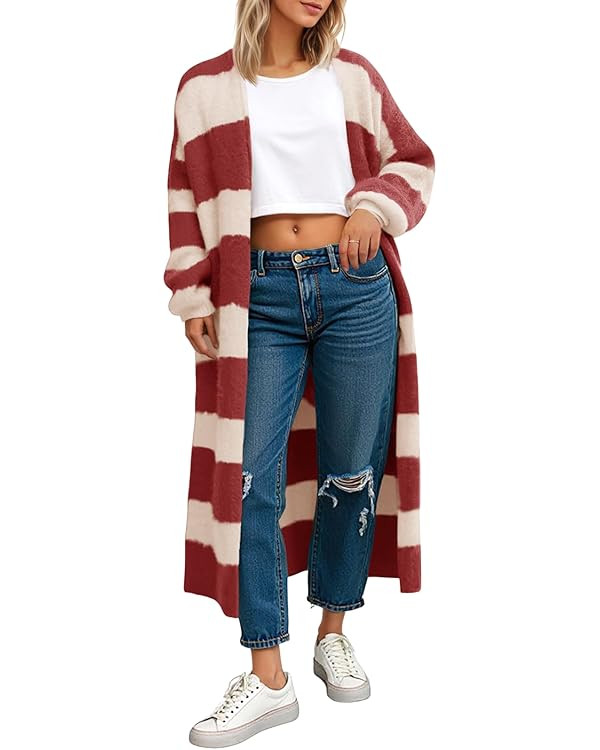 Saodimallsu Womens Striped Long Cardigan Sweaters Open Front Oversized Chunky Fuzzy Knit Fall Dus... | Amazon (US)