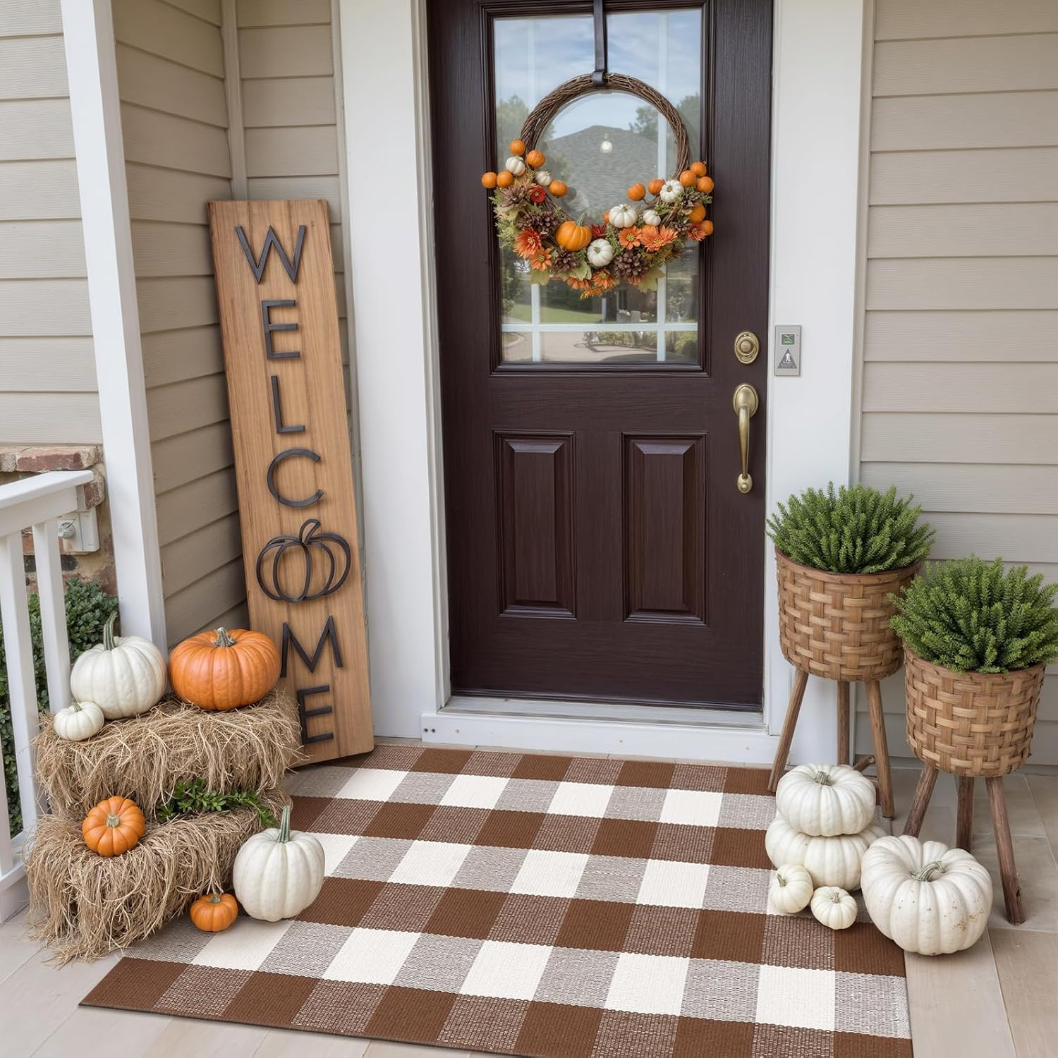 Buffalo Plaid Checkered Outdoor Rug, Fall Autumn Decor Door Mat, 27.5x43 Inches Coffee and White Front Door Rug Outside Entrance, Washable Welcome Layered Doormat for Porch Entryway Patio | Amazon (US)
