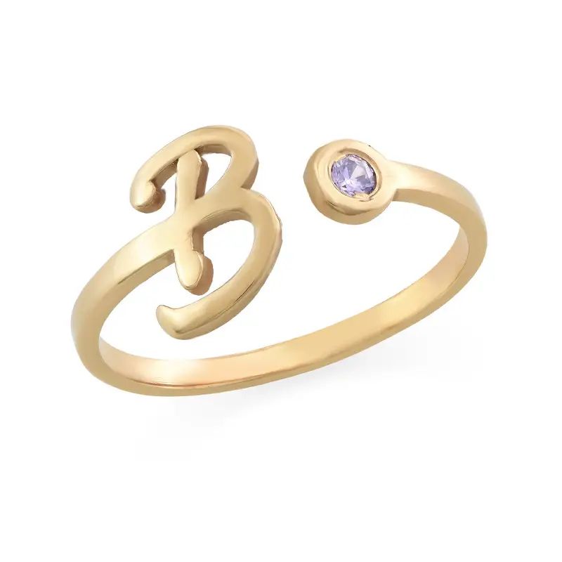 18K Gold Plated Open Initial Birthstone Ring | MYKA