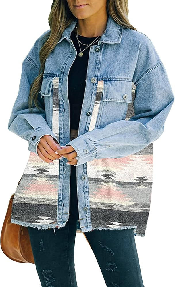 Mannjin Womens Aztec Denim Jacket Floral Print Contrast Jean Coat Vintage Distressed Shirts Shack... | Amazon (US)