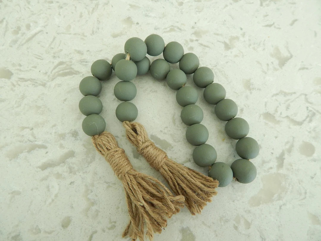 Army Green Wood Bead Garland With Jute Tassels, Boho Home Decor, Jewelry for the Home, Rustic Bea... | Etsy (US)