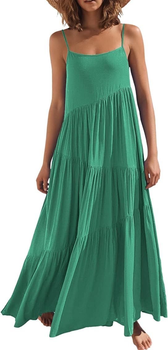 LOGENE Women's Summer Casual Loose Dress Spaghetti Strap Beach Cover Up Long Cami Maxi Dresses | Amazon (US)