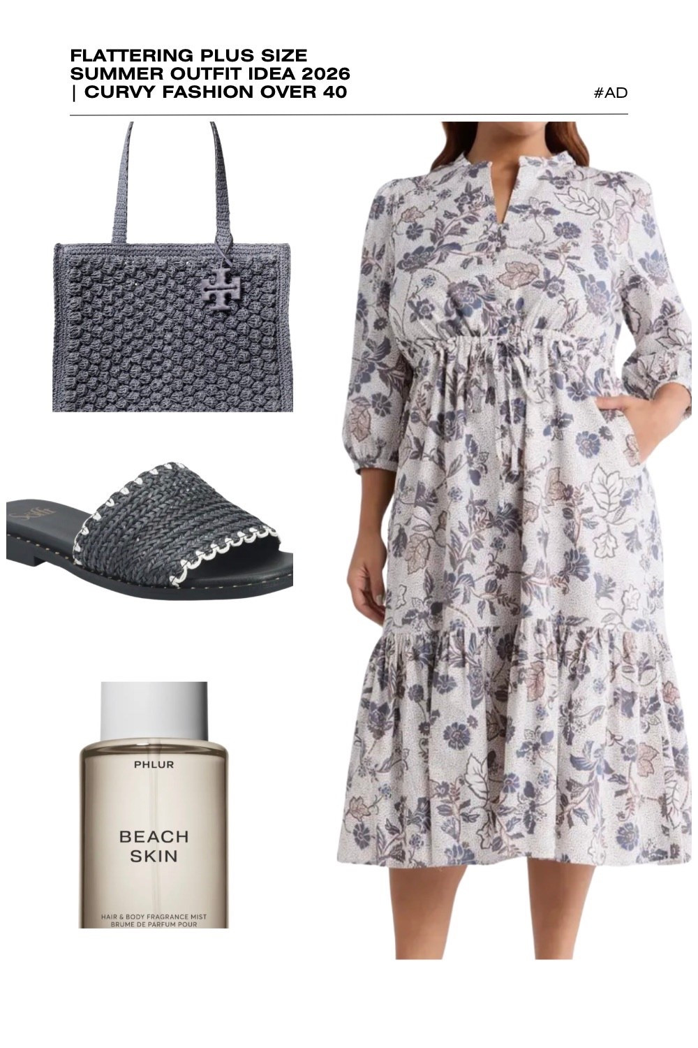 Elevate your seasonal style with this muted floral plus size summer outfit idea for 2026! This flattering drawstring waist midi dress is a premier choice for curvy fashion over 40, featuring a split V-neckline, three-quarter sleeves, and a tiered ruffle hem. The adjustable drawstring provides custom waist definition, making it the perfect summer brunch outfit or breezy casual day dress.
We’ve styled this elegant botanical dress with a Tory Burch slate grey straw tote and matching navy woven slide sandals with white scalloped trim for a sophisticated, textured look. The ensemble is perfectly finished with the light, aquatic notes of Phlur Beach Skin. Discover how to style cool-toned florals for curvy figures this season. #PlusSizeFashion #FloralMidiDress #SummerOutfits2026 #ToryBurchBag #PhlurBeachSkin #CurvyStyle #CoastalLuxe