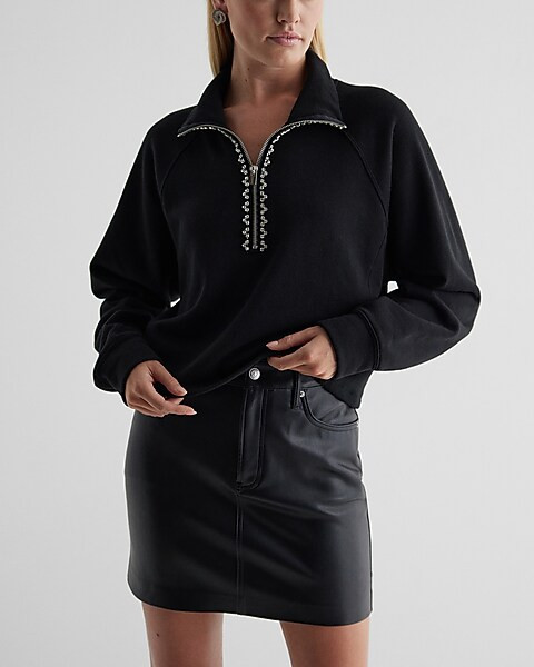 Rhinestone Trim Quarter Zip Boxy Fleece Sweatshirt | Express
