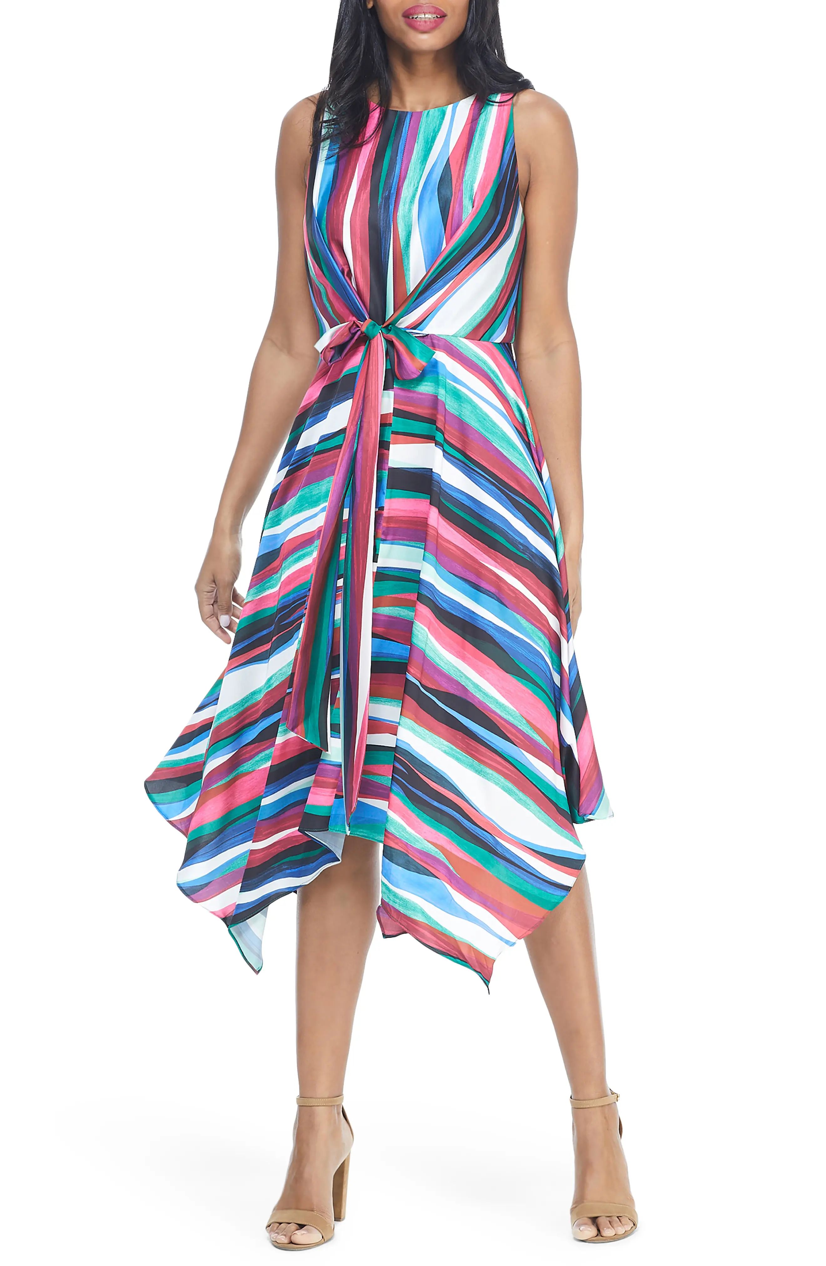 Women's Maggy London Colorful Stripe Handkerchief Hem Sleeveless Dress, Size 10 - Blue | Nordstrom