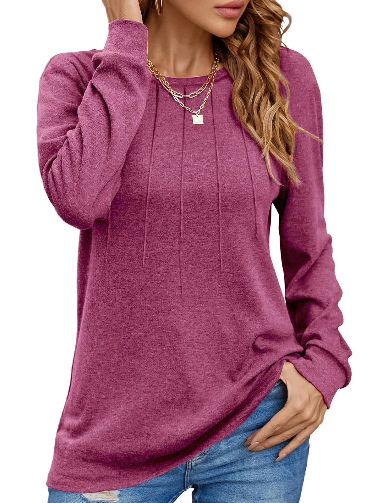 UVN Pleated Womens Blouses Crewneck Long Sleeve Shirts Casual Dressy Tunic Tops | Walmart (US)