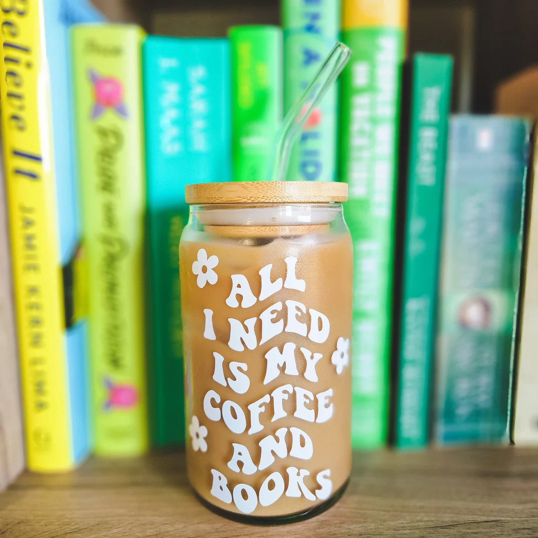 Coffee & Book Lover Glass Can Cup | Book Reader Glass Cup | Book Lover Can Glass | Aesthetic Iced... | Etsy (US)