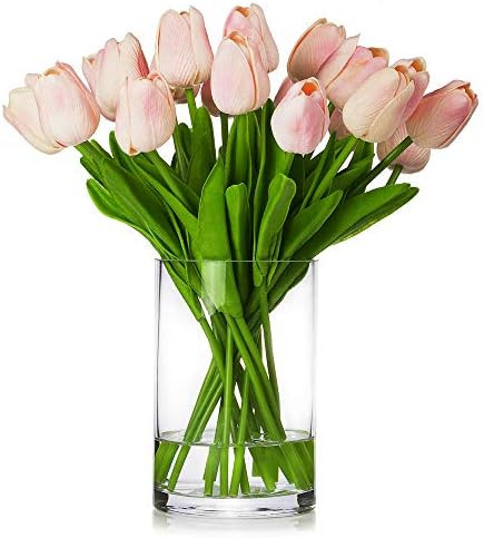 Enova Home 20 Pieces Artificial Real Touch Tulips Flower Arrangement in Glass Vase with Faux Wate... | Amazon (US)