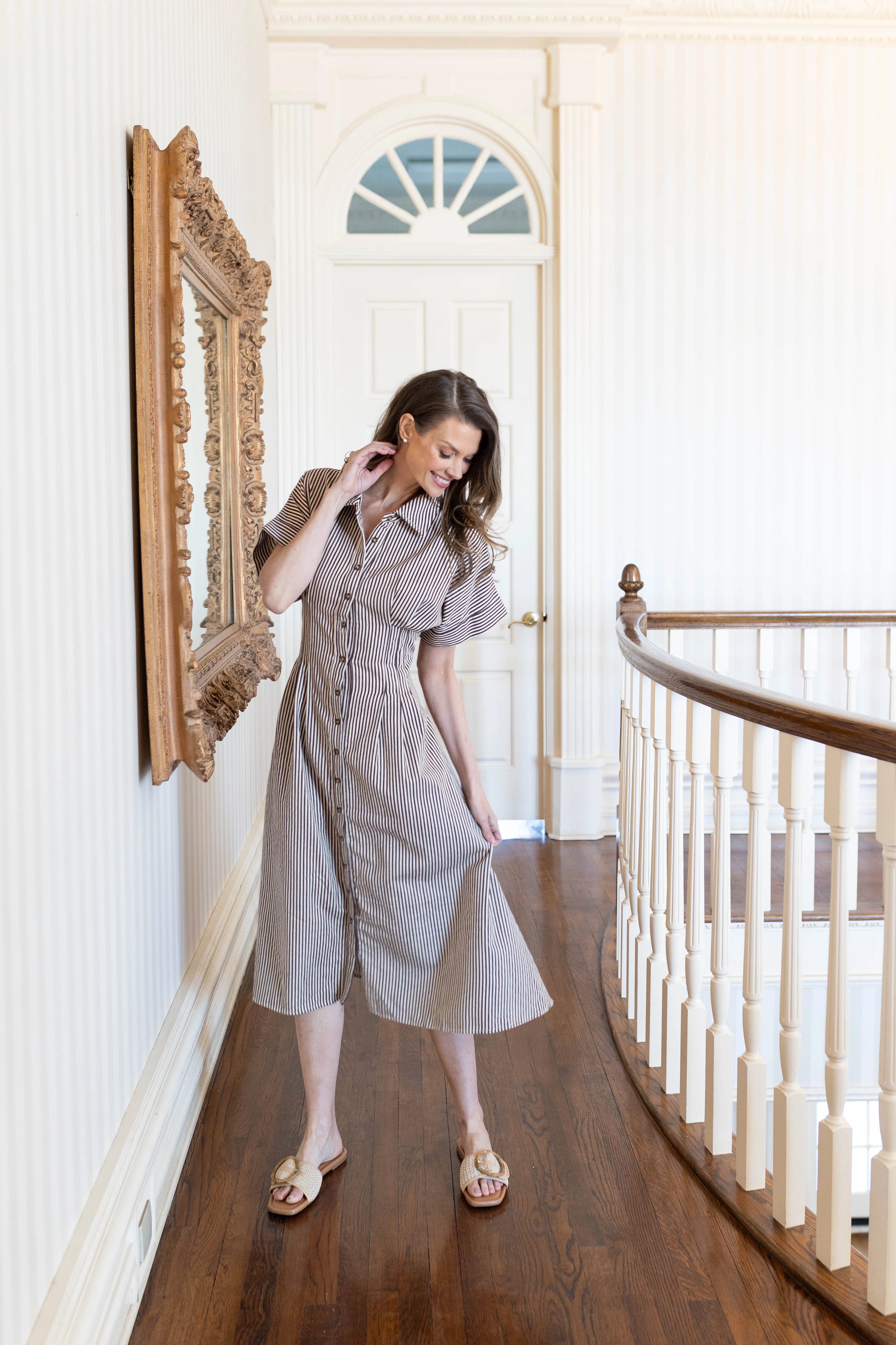 Kim Dress in Brown Stripe – Button-Front Winter Midi with Pockets | Kim Lolley Designs