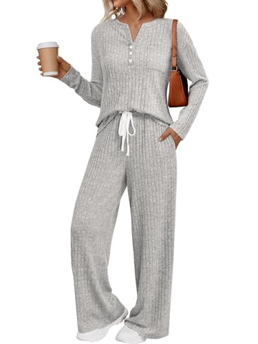 LILLUSORY Womens 2 Piece Lounge Sets Matching Airport Travel Outfits 2025 Winter Clothing Fall Pajamas Sweat Suits Pockets GreyApricot S | Amazon (US)