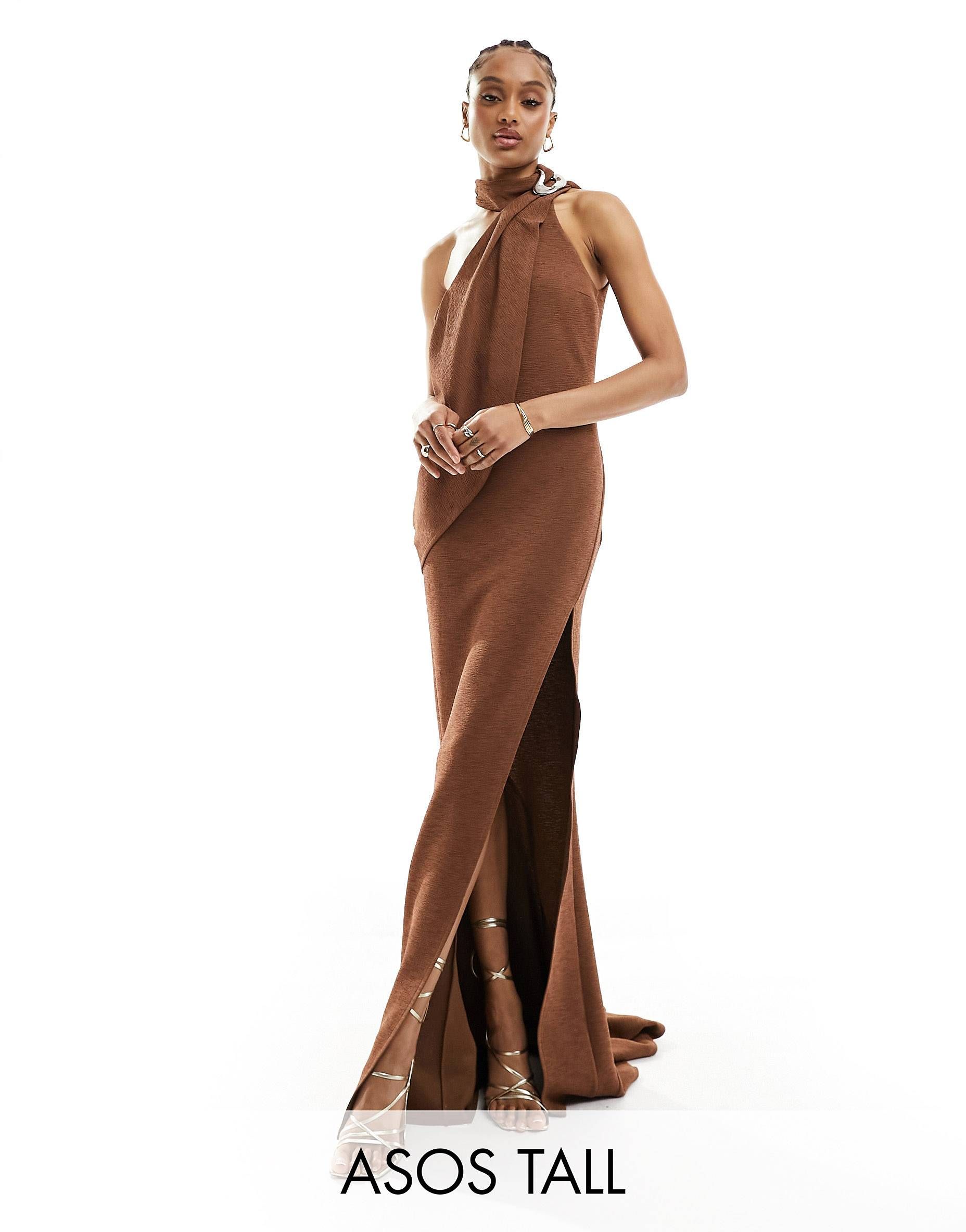 ASOS DESIGN Tall high neck maxi dress with silver neck trim in mocha | ASOS (Global)