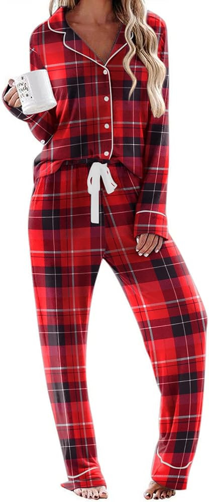 Ekouaer Women's Pajamas Long Sleeve Sleepwear Casual Button Down Loungewear Soft Pjs Set S-XXL | Amazon (US)
