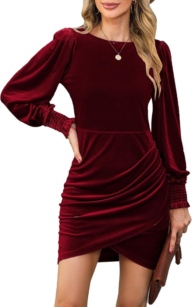 YIJIU Women Long Sleeve Velvet Dress Crew Neck Slim Fit Short Ruched Bodycon Cocktail Party Club ... | Amazon (US)