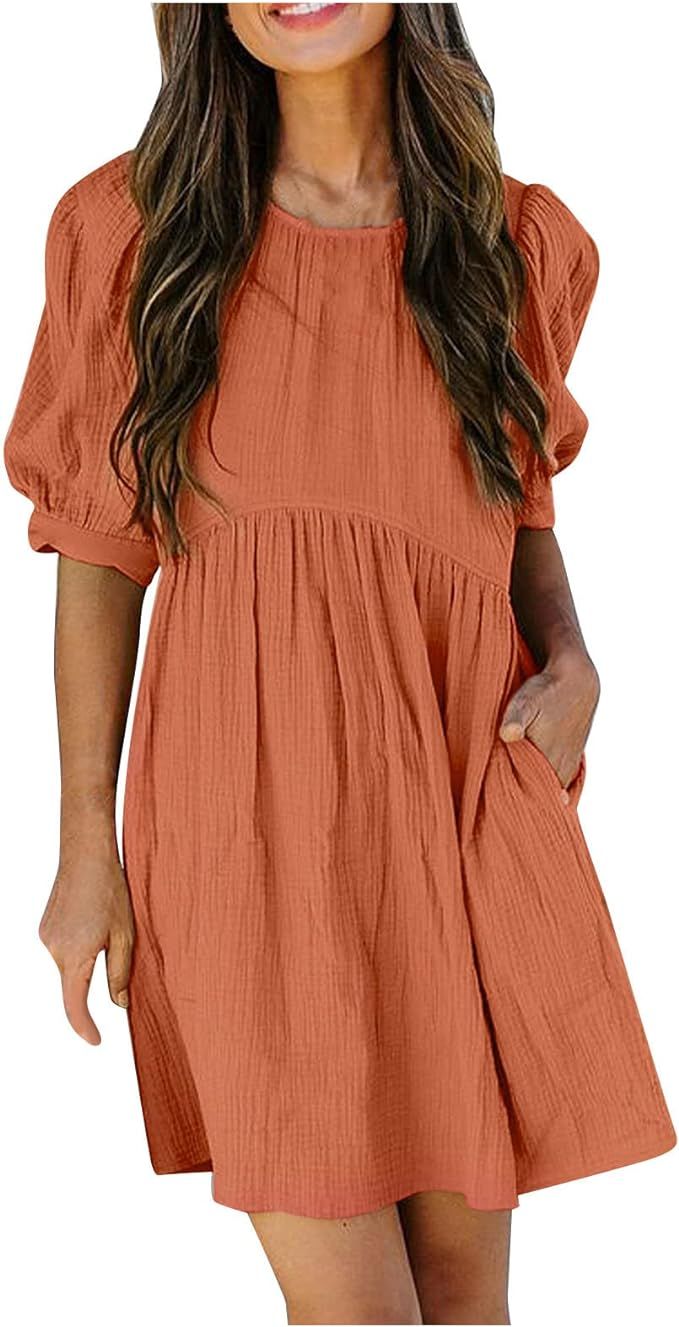 HNUYAN Cute Bubble Sleeve Dress for Women, Fashion Women Short Sleeve Dress Loose Puff Sleeve Bre... | Amazon (US)