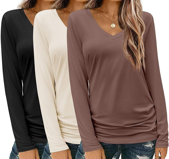 Zeagoo 3 Pack Womens T Shirts V Neck Long Sleeve Shirt Casual Tops Soft Solid Basic Tee Fall Outf... | Amazon (US)