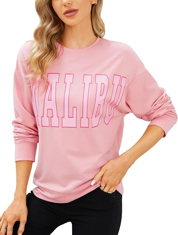 Women Oversized MALIBU Print Graphic Sweatshirt Causal Crewneck Long Sleeve Loose Pullover Top | Amazon (US)