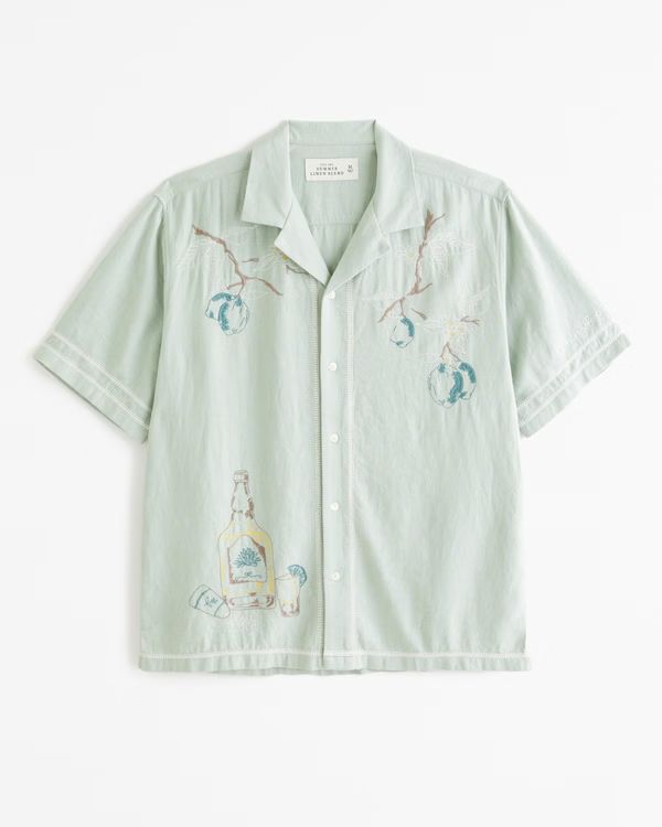 Men's Camp Collar Summer Linen-Blend Embroidered Graphic Shirt | Men's Tops | Abercrombie.com | Abercrombie & Fitch (US)