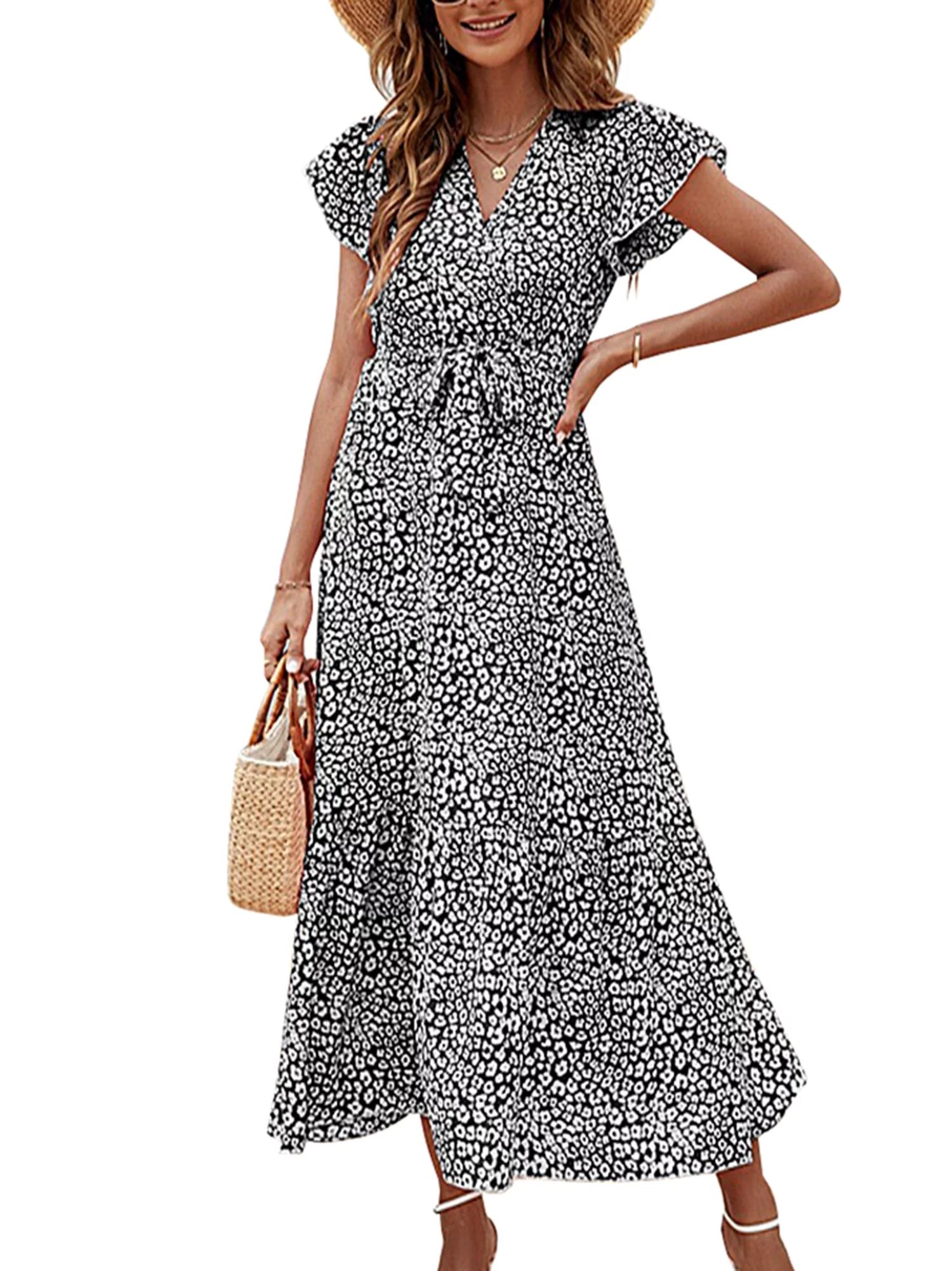 Fantaslook Floral Summer Womens Dress V Neck Ruffle Sleeve A-Line Bohemian Maxi Dress with Belted... | Walmart (US)