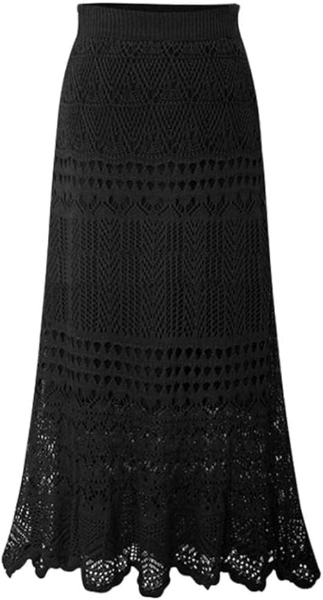 Women's Crochet Knitted Stretchy High Waist Hollow Out Lined Lace Maxi Skirt | Amazon (US)