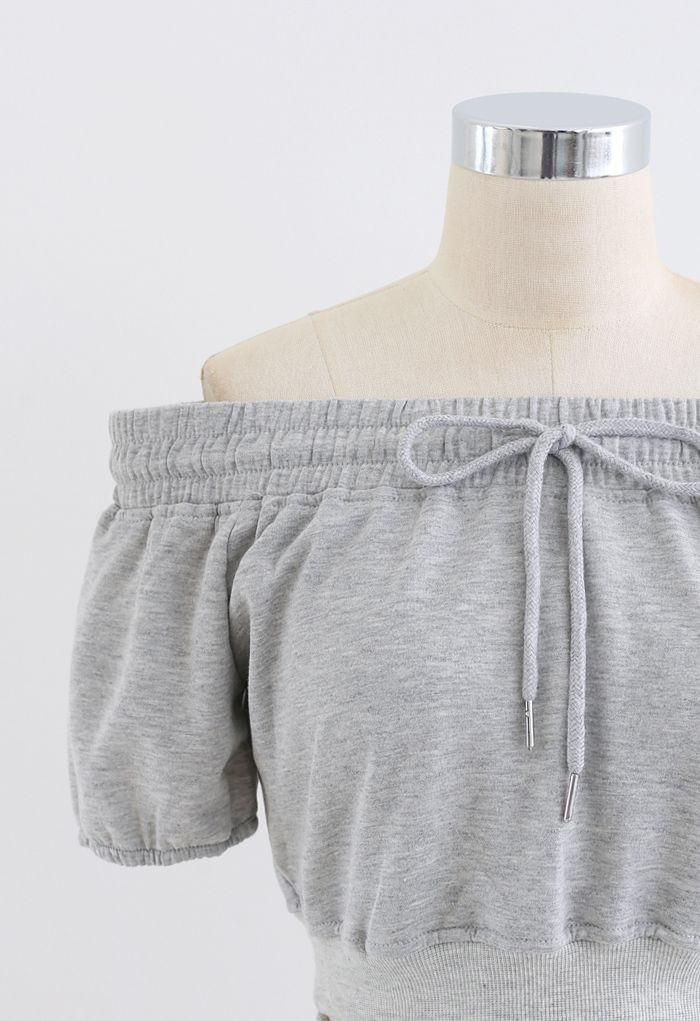 Drawstring Off-Shoulder Crop Top and Shorts Set in Grey | Chicwish