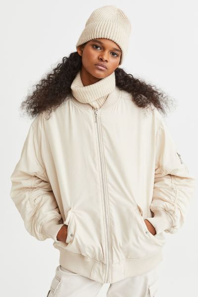 Padded Bomber Jacket | White Bomber Jacket | HM Outfit | Spring Outfits 2023 | H&M (US + CA)