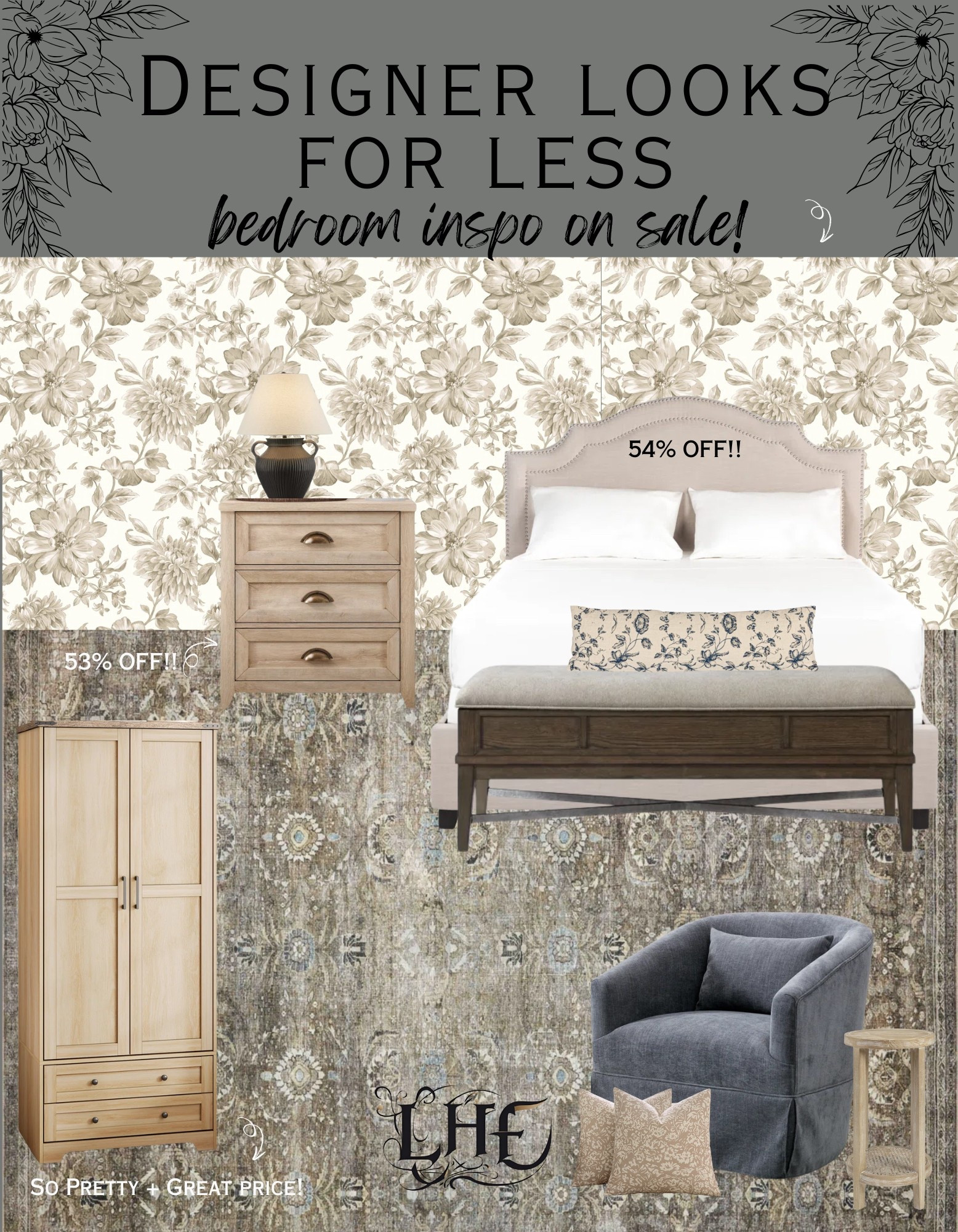 Designer inspired bedroom look for way less! Shop by clicking the thumbnails below 👇… bedroom, designer inspired, affordable furniture, affordable bedroom furniture, farmhouse bedroom, modern farmhouse bedroom, bedroom rug, area rug, vintage rug, affordable nightstand, bed frame, tufted bed frame, armoire, pottery barn looks for less, swivel chair, accent table, storage bench, bedroom bench, bedroom pillows, decorative pillows 