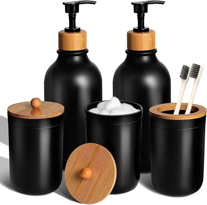 Black Bathroom Accessories Set 5 Pcs, Matte Black Bathroom Accessories, Plastic Soap Dispenser an... | Amazon (US)