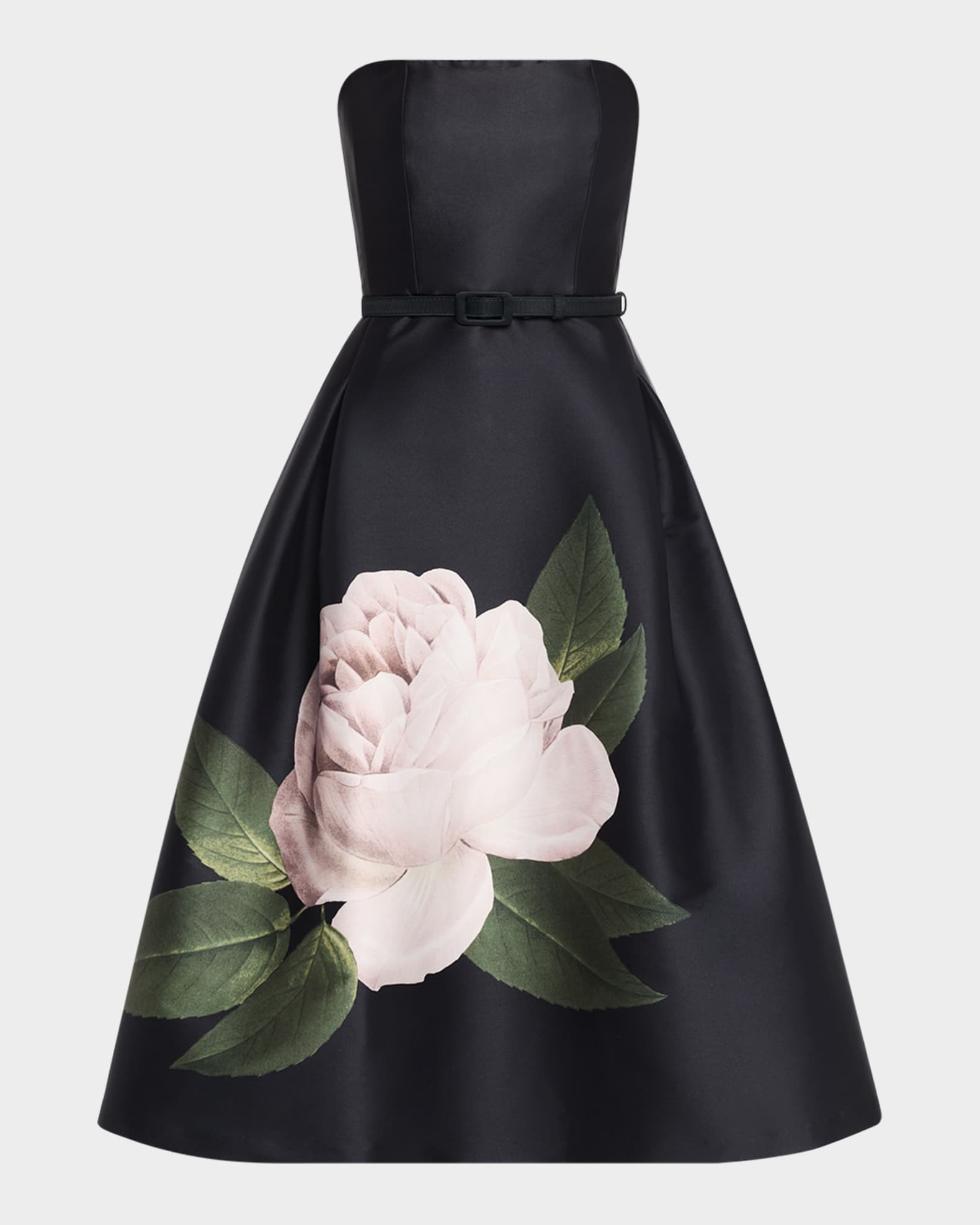 Shay Strapless Pleated Floral-Print Midi Dress | Neiman Marcus