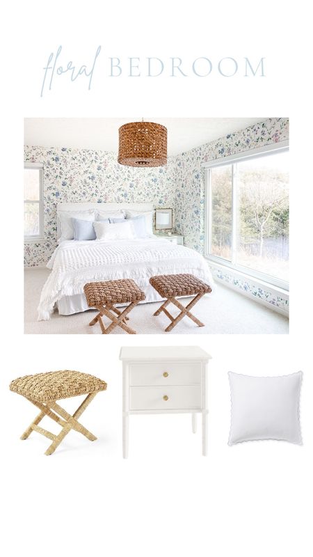 Bedroom, lake house, rattan, woven, white nightstand, hanging pendant woven light, white comforter, X stool, comfy pillows, floral bedroom, guest bedroom, bed, comfort

#LTKstyletip #LTKFind #LTKhome