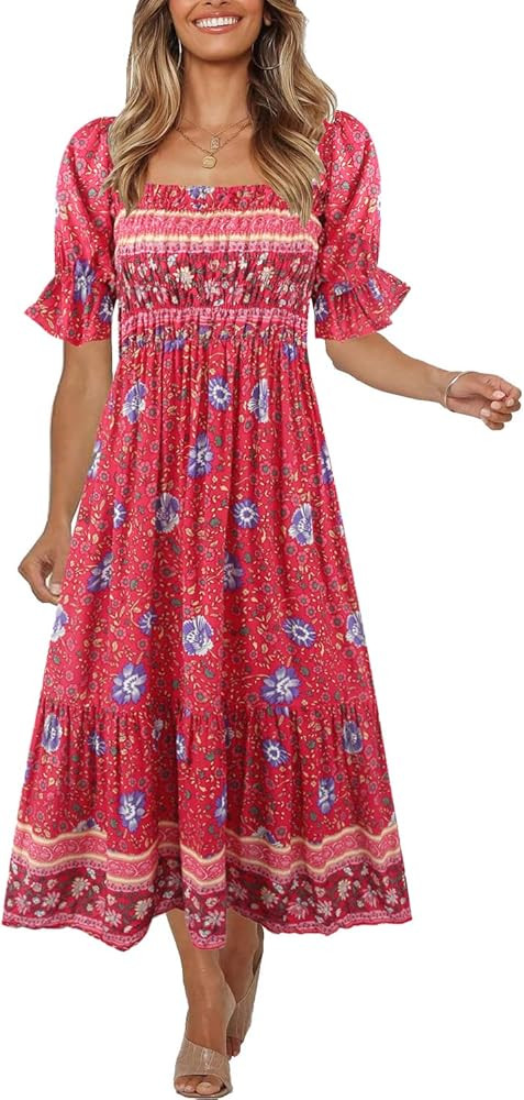 Women's Summer Bohemian Square Neck Floral Print Ruffle Vintage Flowy Beach Vacation Long Midi Bo... | Amazon (US)
