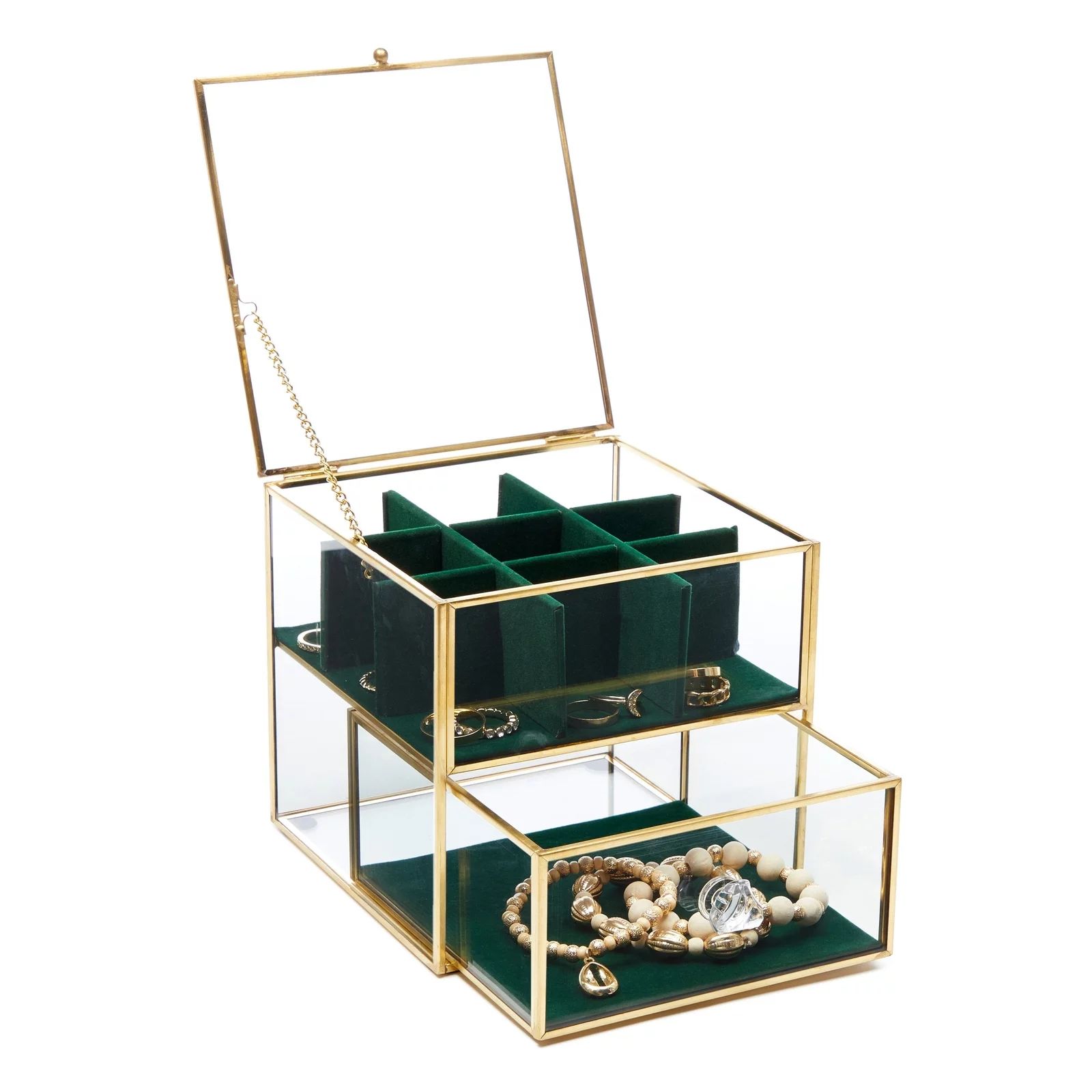 Clear Glass Jewelry Storage Box with Drawers, Green Velvet Tray Organizer and Lid, Gold, 5.5 x 6.... | Walmart (US)