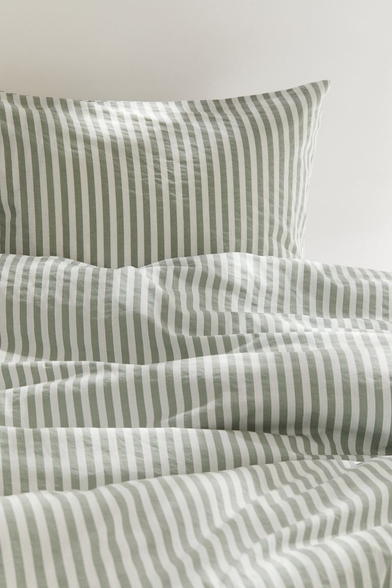 Cotton Twin Duvet Cover Set - Light khaki green/white - Home All | H&M US | H&M (US + CA)