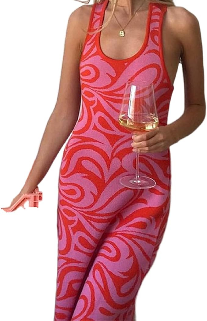 NUFIWI Print Knit Bodycon Dress for Women Y2K Green Hollow Out Midi Dresses Sleeveless 2021 Summe... | Amazon (US)