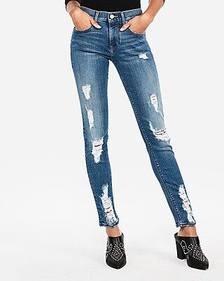 Express Womens Mid Rise Stretch Super Skinny Ripped Jeans | Express