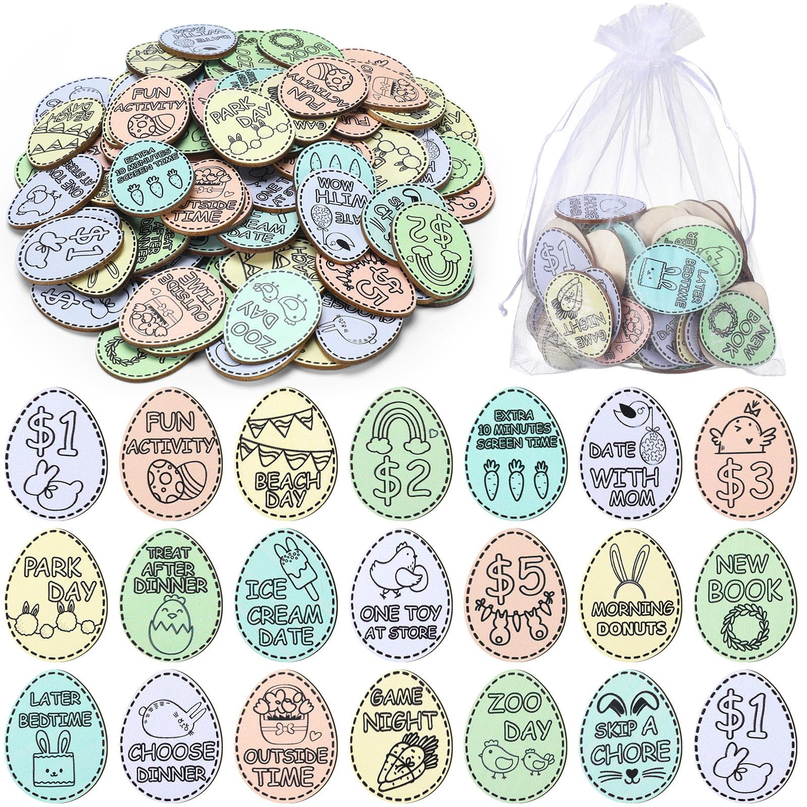 124 Pcs Easter Egg Tokens Set Includes 120 Pcs Wood Easter Reward Tokens with 20 Different Engraved Sayings 4 Pcs Organza Gift Bags for Spring Party(Easter Egg,Light Color) | Amazon (US)