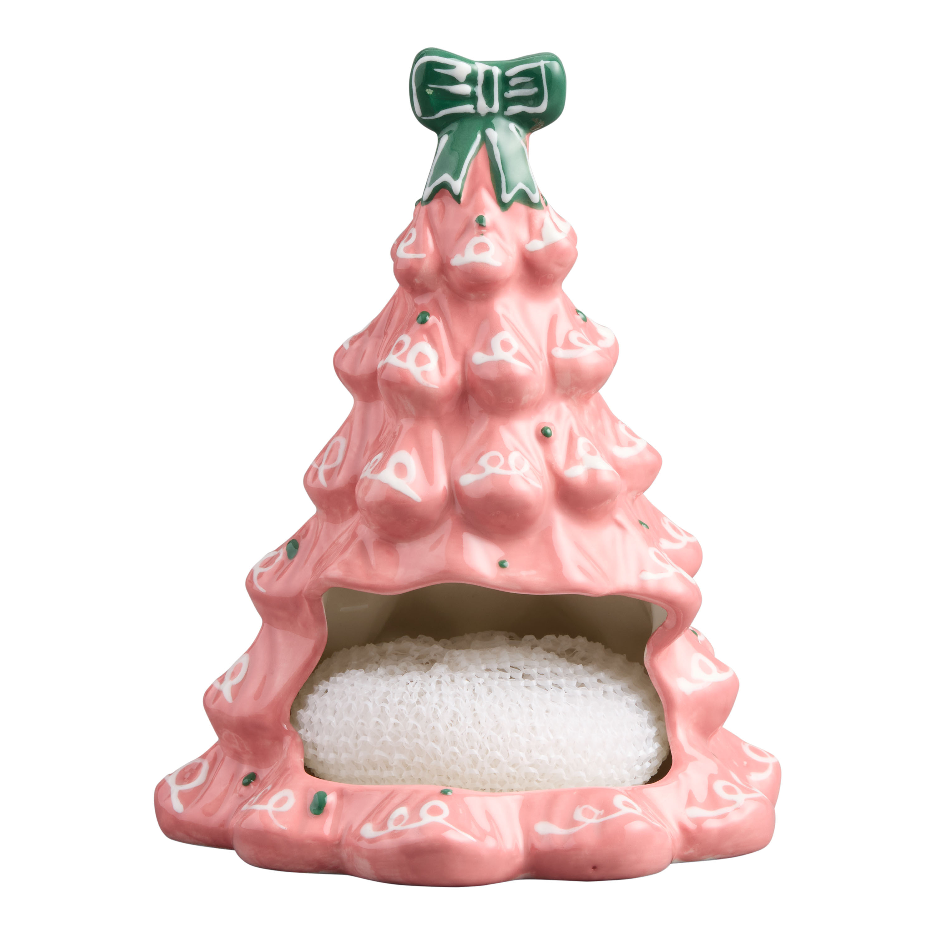 Pink Ceramic Christmas Tree Figural Sponge Holder with Scourer | World Market