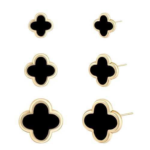 Clover Earring 3 Pair Small 14K Gold Plated Mini Tiny Earrings for Women Four Leaf Flower Hypoallergenic True Non Tarnish Hypoallergenic Sensitive Ear Cute for Birthday Christmas Lucky Gifts (Gold Clover Stud/Black) | Amazon (US)