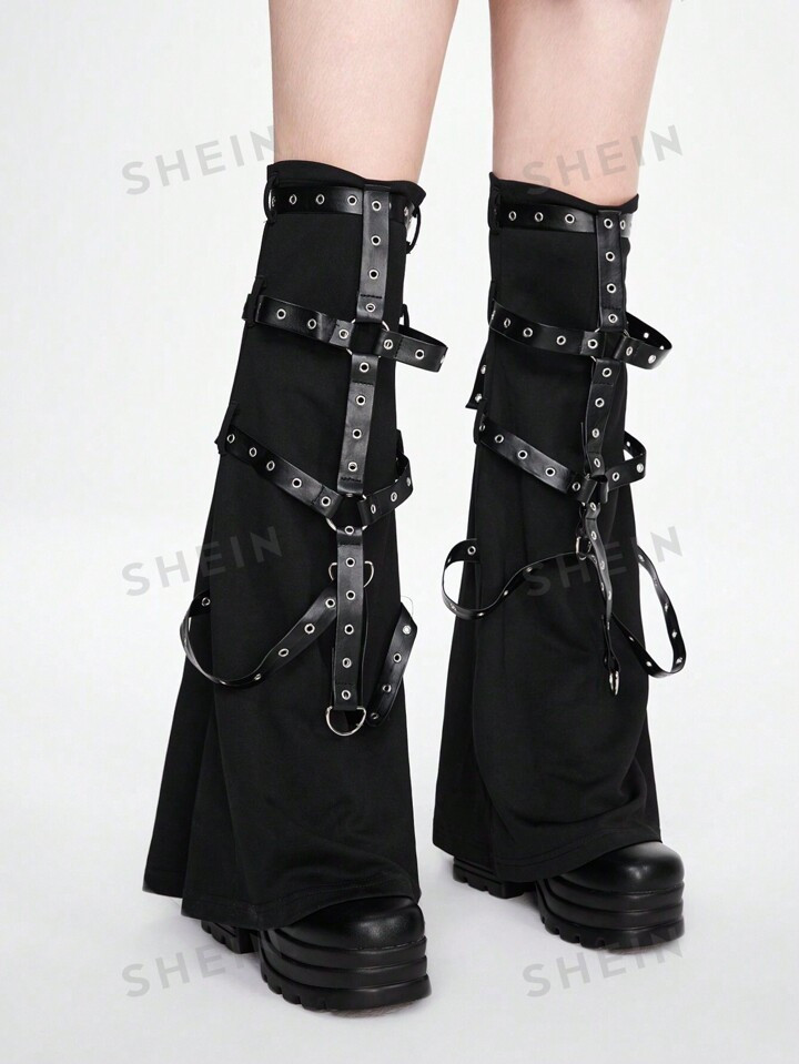 ROMWE Goth 1pair Punk Style PU Stockings, Dark Girl Leg Sleeves With Lace-Up, Bell Design, Trendy... | SHEIN