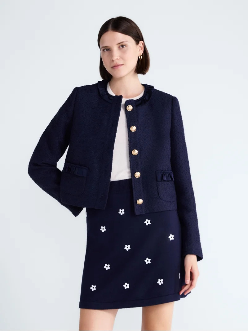 Free Assembly Women\u2019s and Women's Plus Ruffle Trim Nubby Jacket with Long Sleeves, Sizes XS-... | Walmart (US)