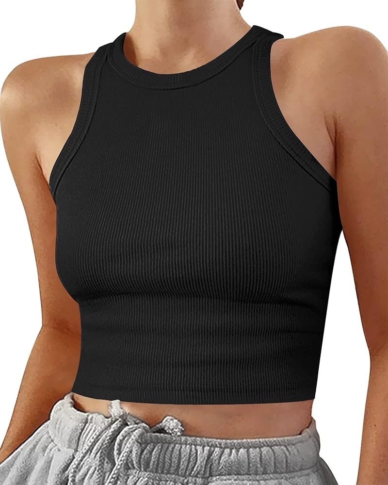 CLOZOZ Womens Tank Tops Round Neck Ribbed Sleeveless Crop Tops for Women High Neck Basic Crop Tan... | Amazon (US)